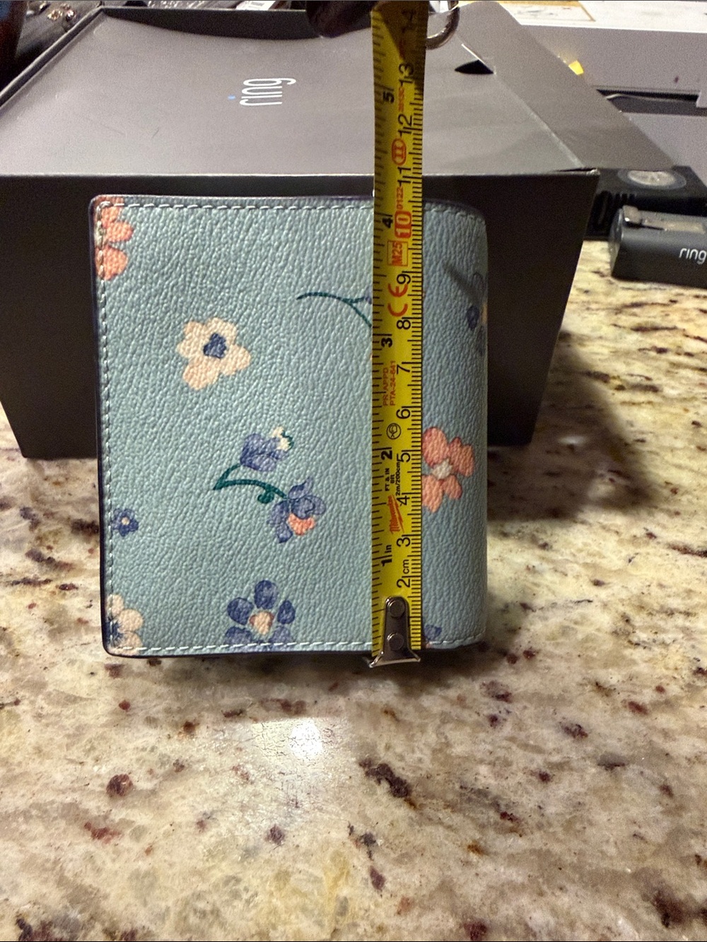 Coach Blue Floral Compact Wallet with Gold Logo - Picture 5 of 9